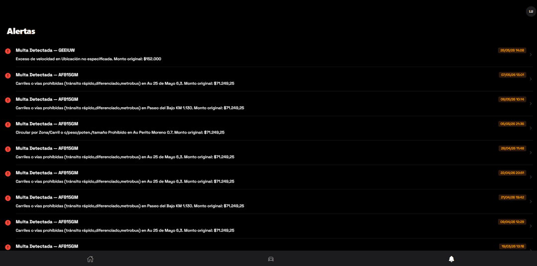 Historial y alertas de multas de la App Keupo